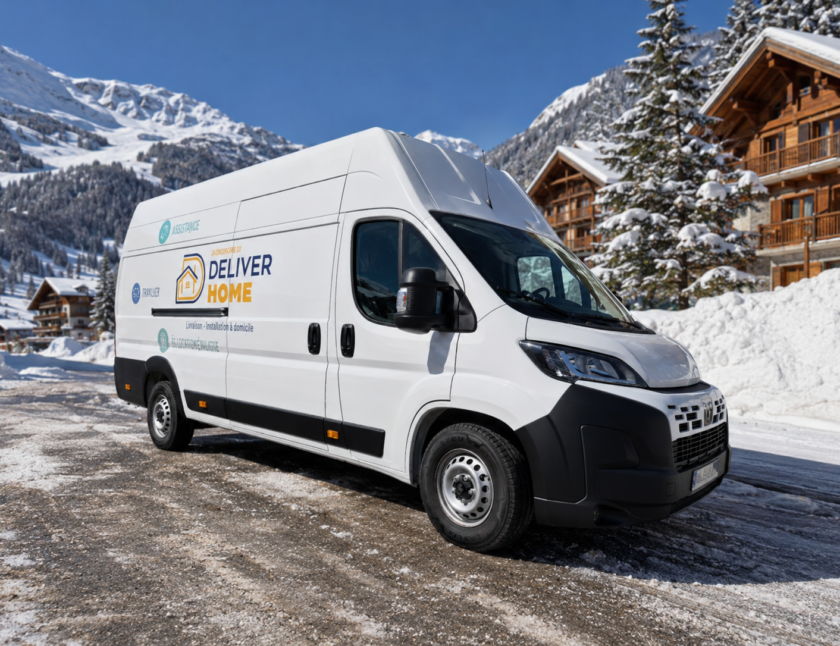 Camion DeliverHome Fiat Ducato livraison meuble électroménager station de ski Alpes