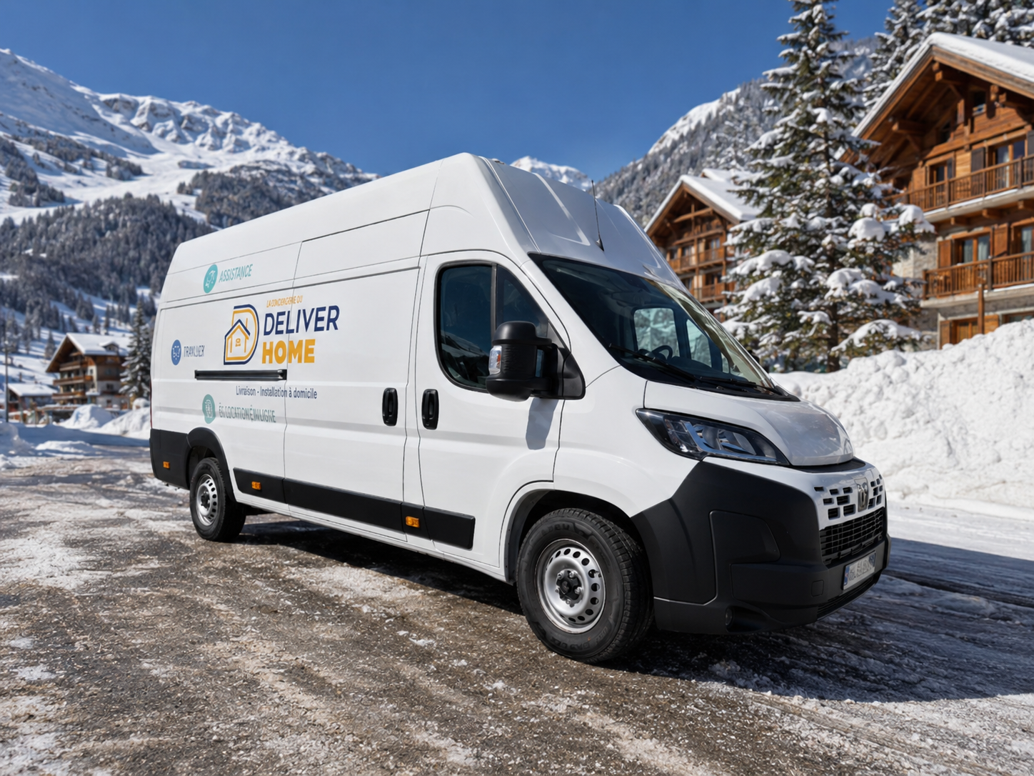 Camion DeliverHome Fiat Ducato livraison meuble électroménager station de ski Alpes